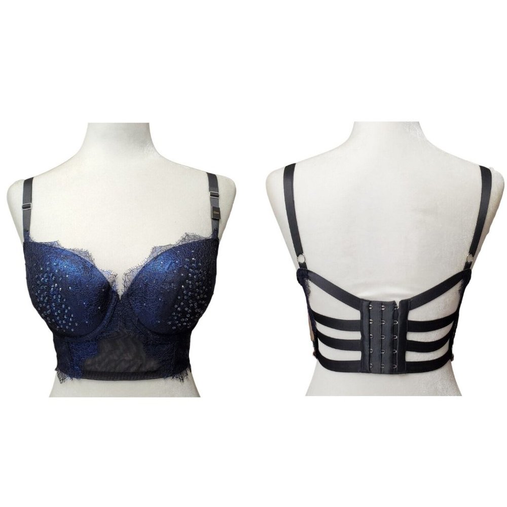 NEW Victoria's Secret Very Sexy Scandalous Balconet Bra Lace Blue Bling 32DD